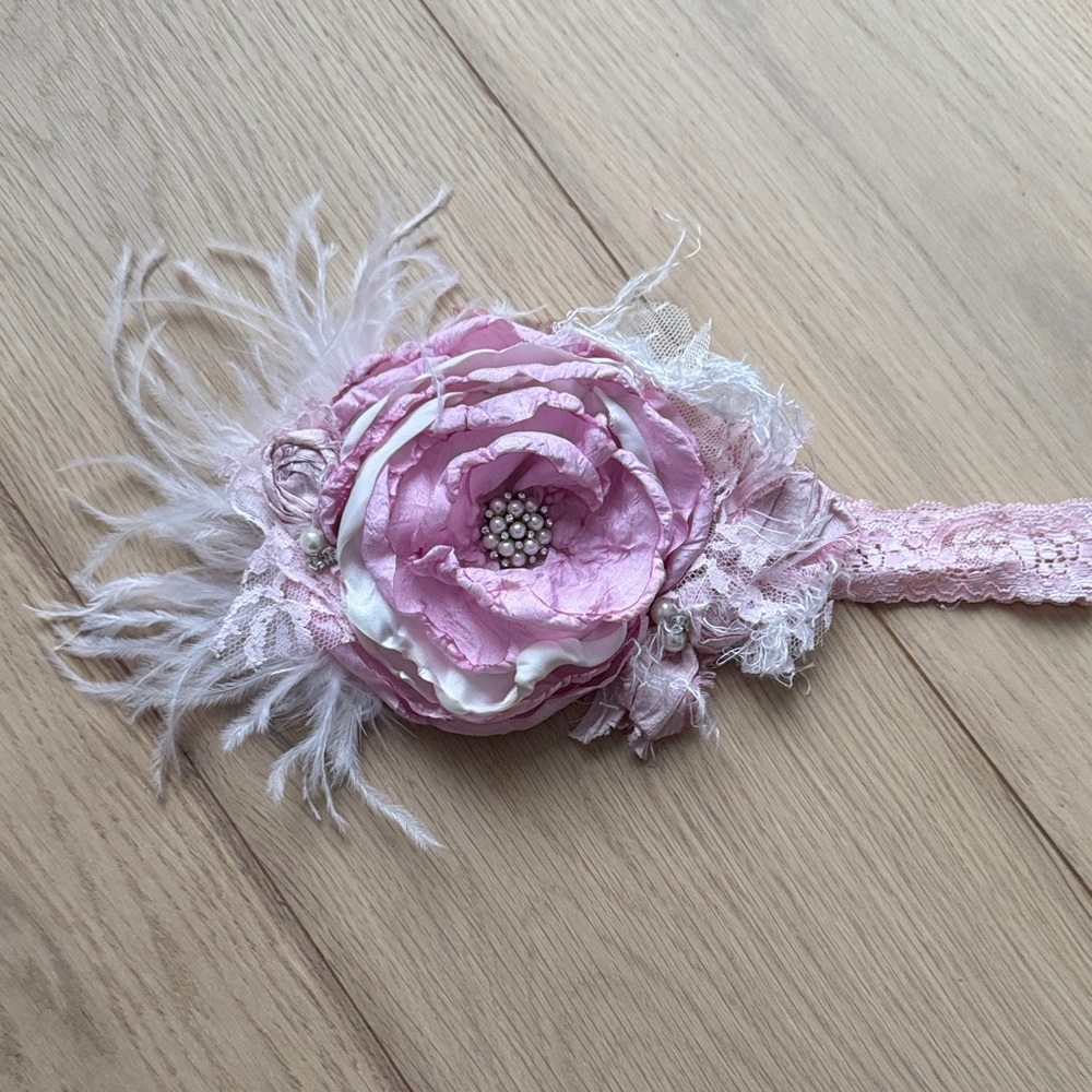 Pink and White Satin Floral, Lace and Feather Handmade Headband for Kids